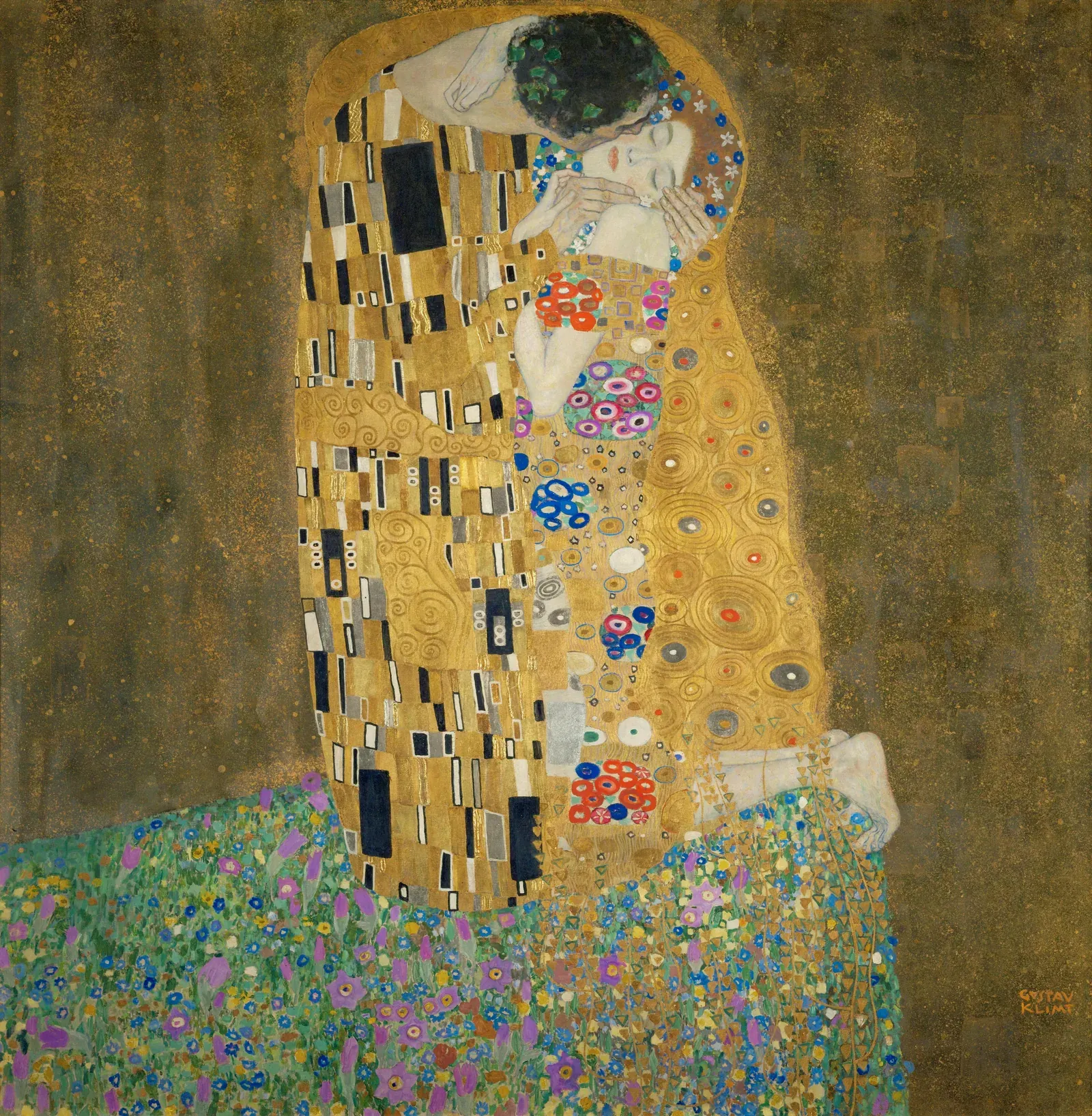 Un couple enlacé, doré et orné, dans Le Baiser de Gustav Klimt