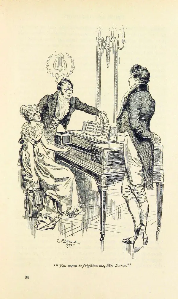 Elizabeth Bennet joue du piano tandis que M. Darcy et le colonel Fitzwilliam la regardent ; illustration pour Orgueil et Préjugés de Jane Austen