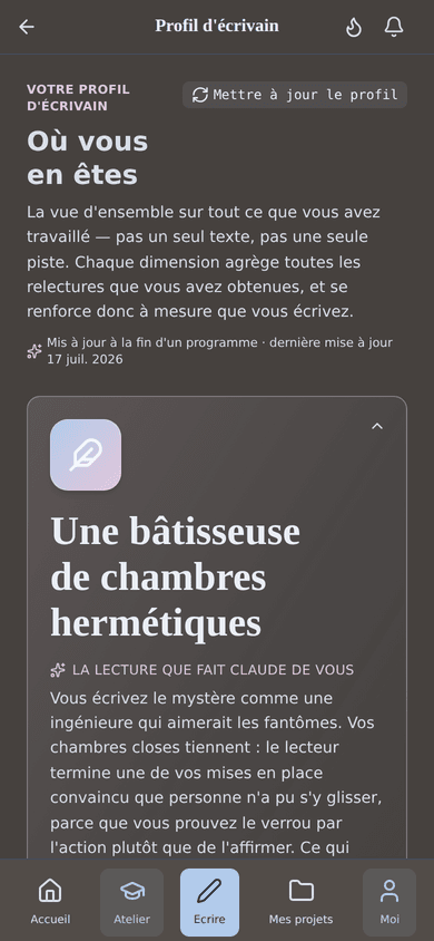 Votre profil d'auteur : où vous en êtes dans le métier, et quoi travailler ensuite — nourri par chaque relecture du coach.